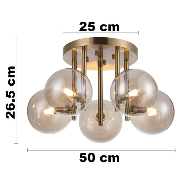 Modern ceiling lamp Amora brass with cognac glass, 5-light
