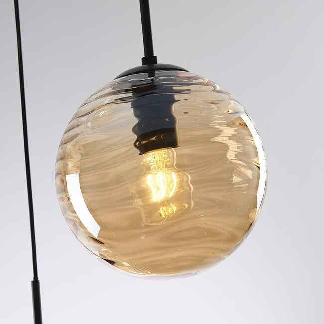Designer lighting pendant lamp in black with 3D wavy amber glass, 3-light - Eflin