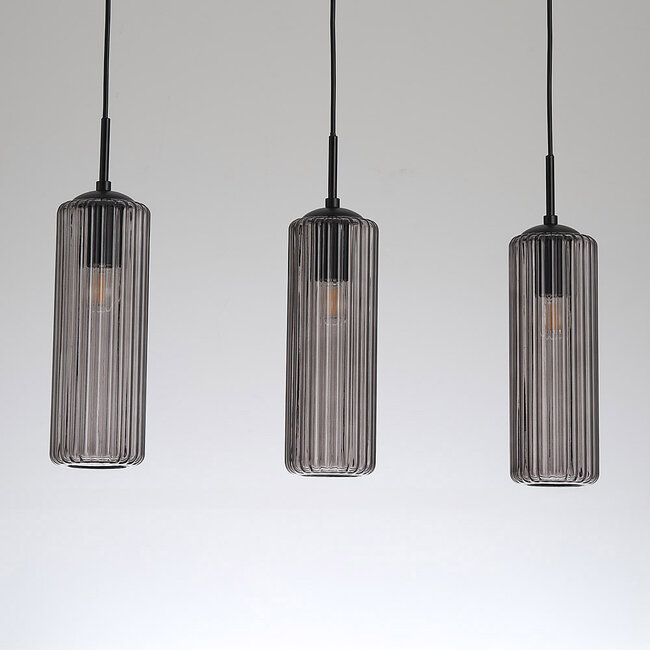 Retro pendant lamp Black with ribbed smoked glass, 3-light - Giove