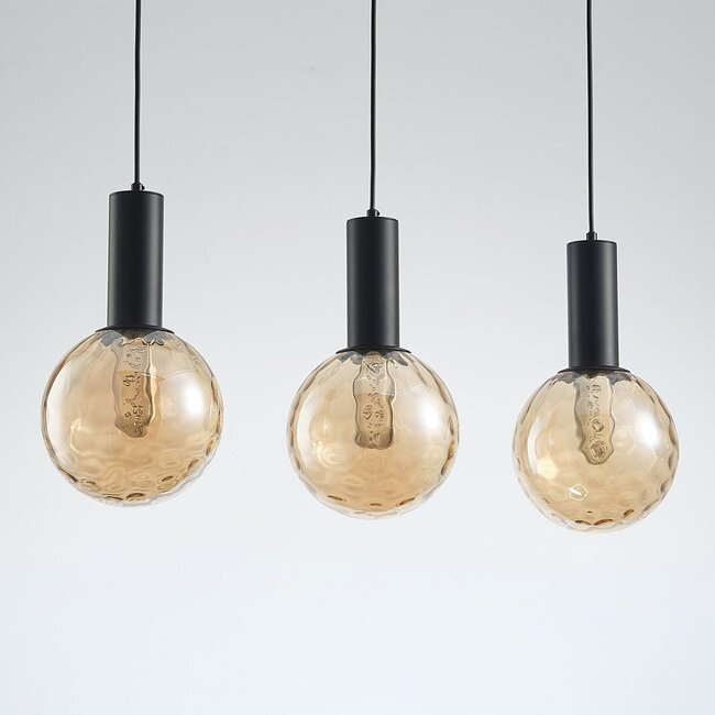 3-light pendant light Anglia - black with amber glass