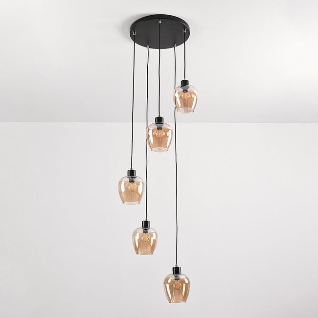 5-light pendant light Glendale - amber glass