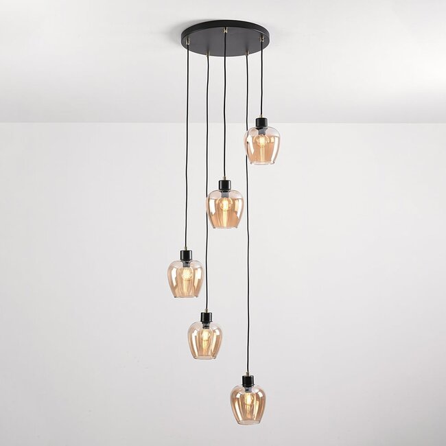 5-light pendant light Glendale - amber glass