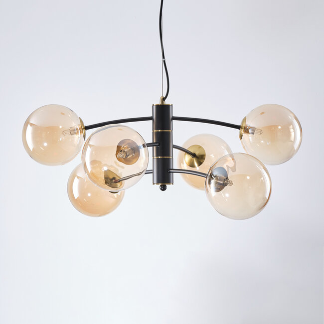 Murano 6-light pendant light with amber glass - black
