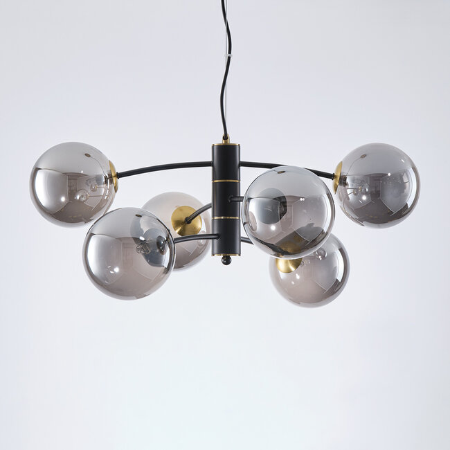 6-light pendant light Murano - black with smoked glass