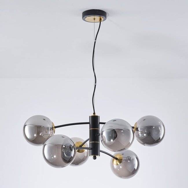 6-light pendant light Murano - black with smoked glass