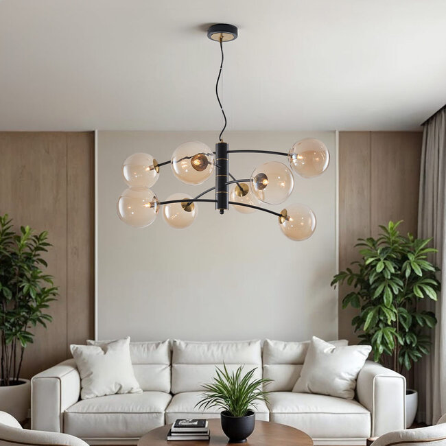 Black Torino pendant lamp with Amber glass, 8-light