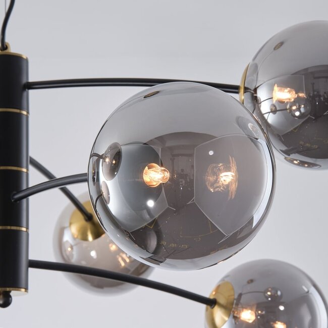 8-light pendant light Torino - black with smoked glass