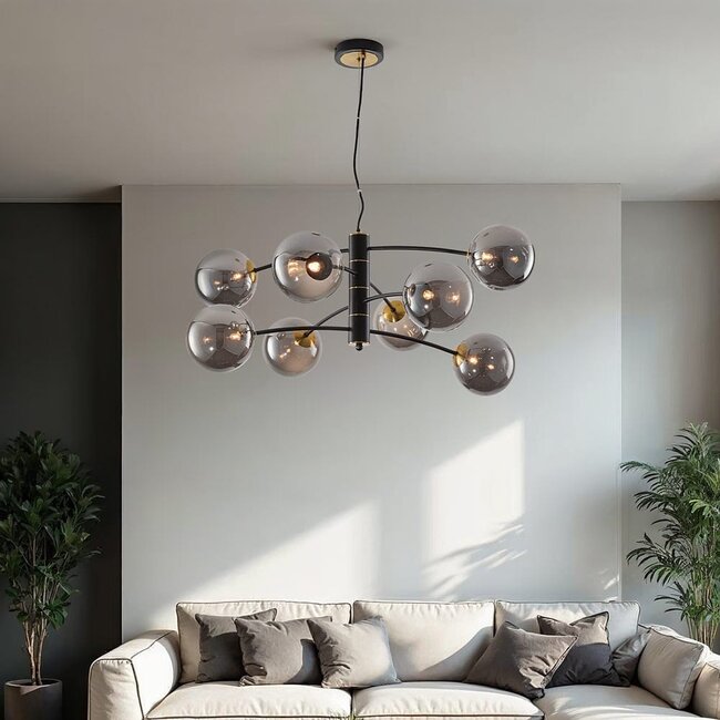 8-light pendant light Torino - black with smoked glass