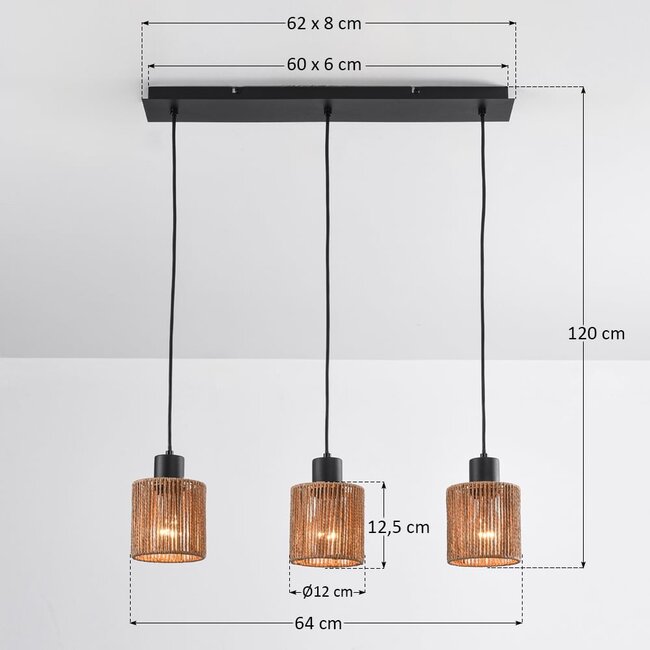 Carrizo 3-light pendant light - black with rope