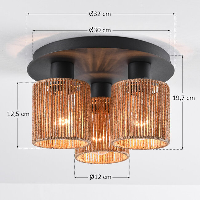 3-light bohemian ceiling lamp with woven rope - Canna