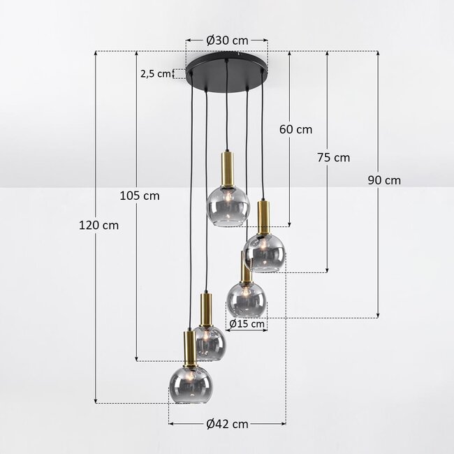 Imme 5-light pendant light  - gold with smoked glass