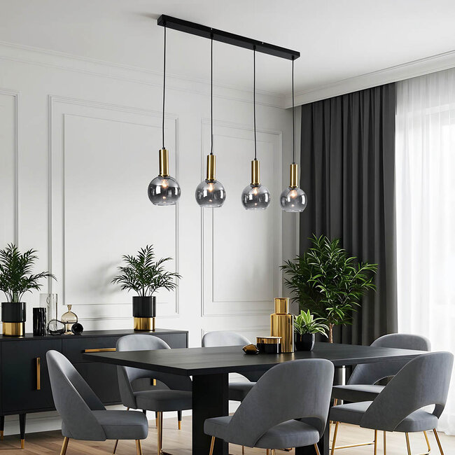 Pendant light Imke black with golden details and smoked glass, 4-light