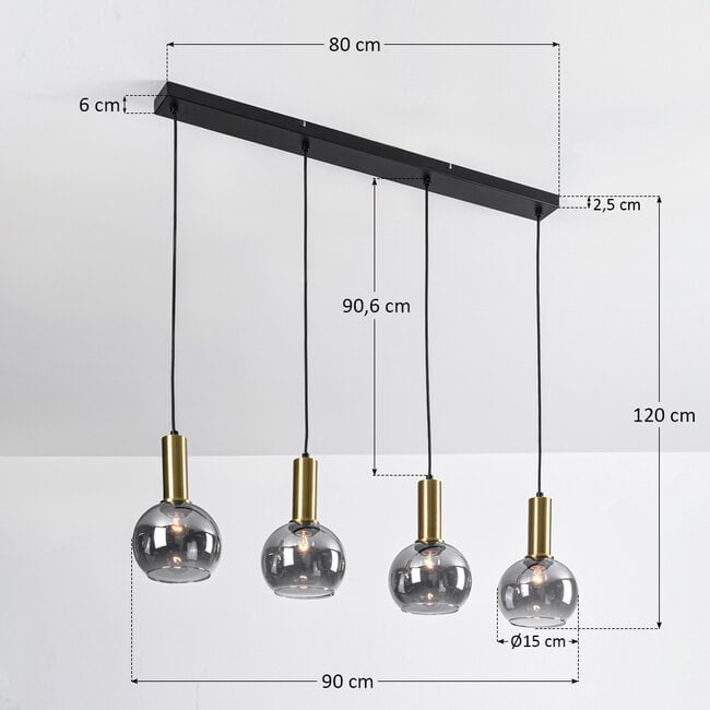 Pendant light Imke black with golden details and smoked glass, 4-light