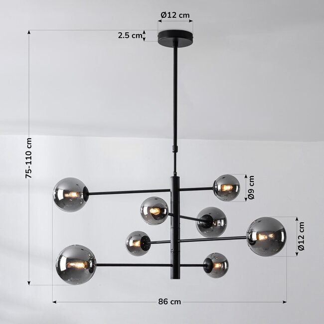 Oito 8-light ceiling light - black with smoked glass