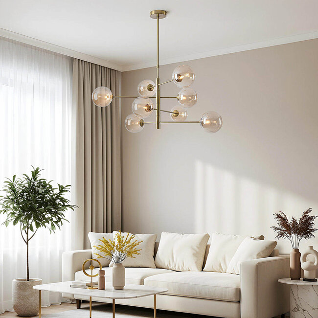 Ceiling light Oito gold with amber glass, 8-light