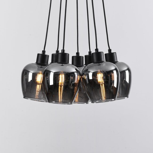7-light Black pendant lamp with smoked glass - Ventura