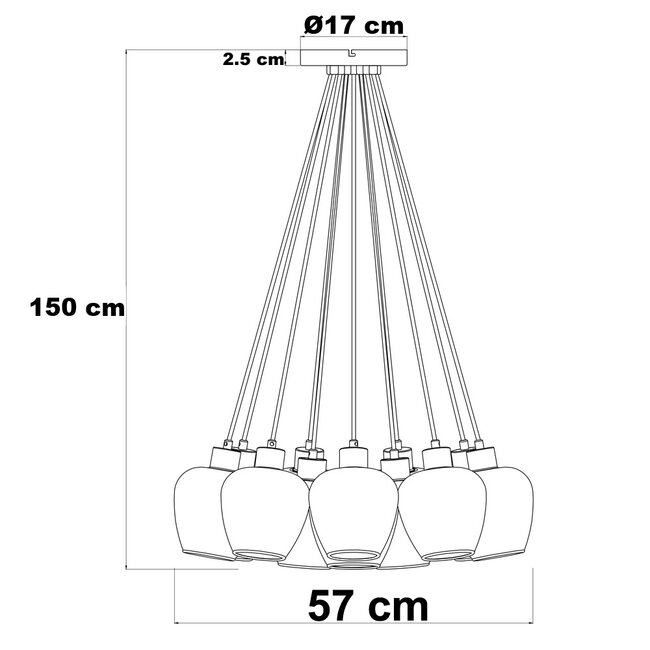 12-light designer pendant lamp in black with smoked glass - Ventura