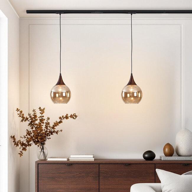 1-phase rail pendant lamp Nya with Amber glass and dark wood effect - round