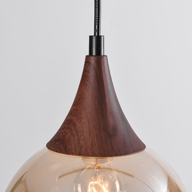 1-phase rail pendant lamp Nya with Amber glass and dark wood effect - round