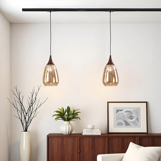 1-phase rail pendant light Noi with Amber glass and dark wood effect - drop