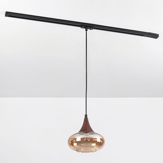 1-phase track pendant light Nill, wide amber glass and dark wood-effect detail