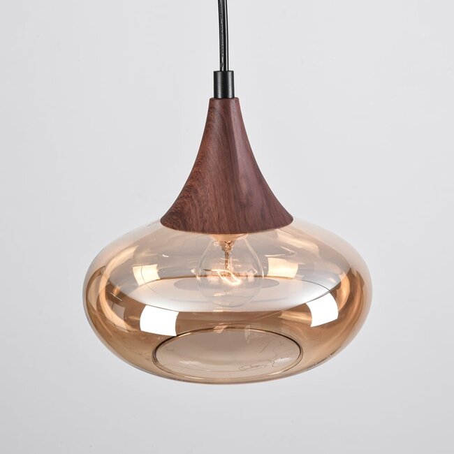1-phase track pendant light Nill, wide amber glass and dark wood-effect detail