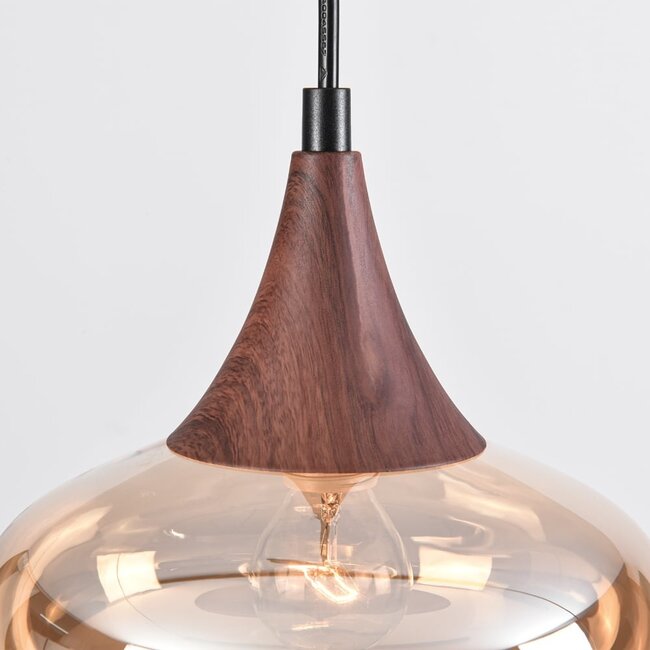 1-phase track pendant light Nill, wide amber glass and dark wood-effect detail