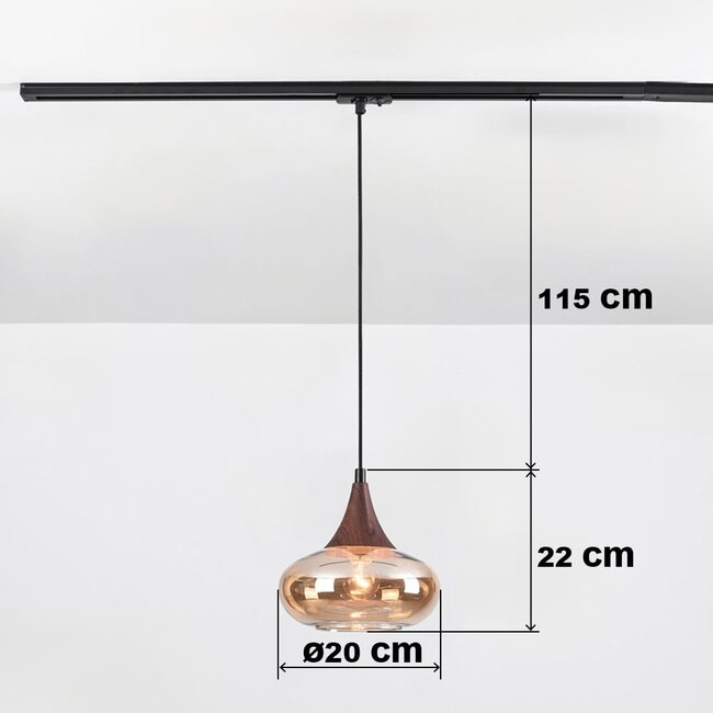 1-phase track pendant light Nill, wide amber glass and dark wood-effect detail