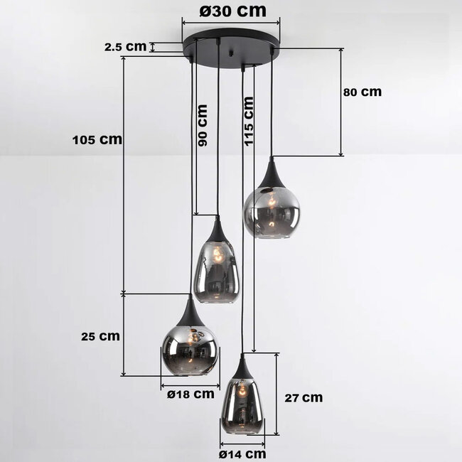 Loua pendant lamp in Black with smoked glass, 4-light