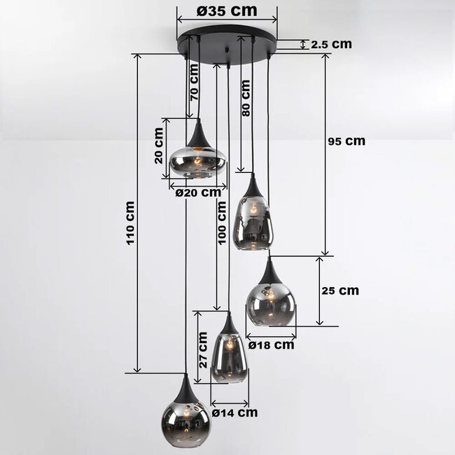 Black Loua pendant lamp with smoked glass, 5-light