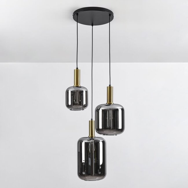 Black designer pendant lamp Pendu with Gold and smoked glass, 3-light