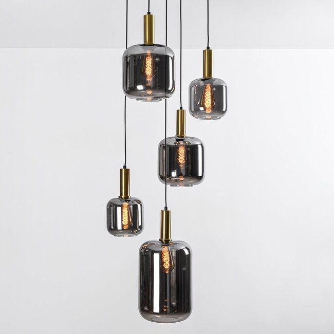 Cinque 5-light pendant light - black and gold with smoked glass