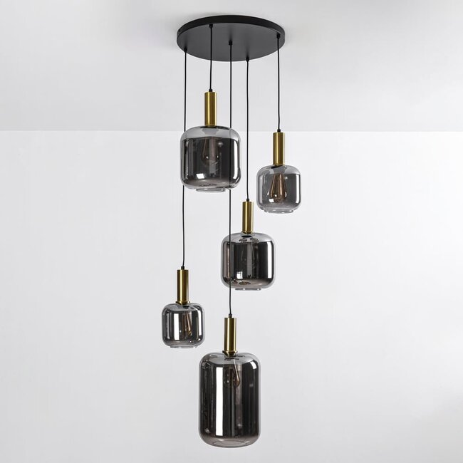 Black Designer lighting pendant lamp with smoked glass and Gold details, 5-light - Cinque
