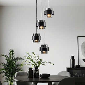 Modern pendant lamp in black with smoked glass, 4-light - Fynna