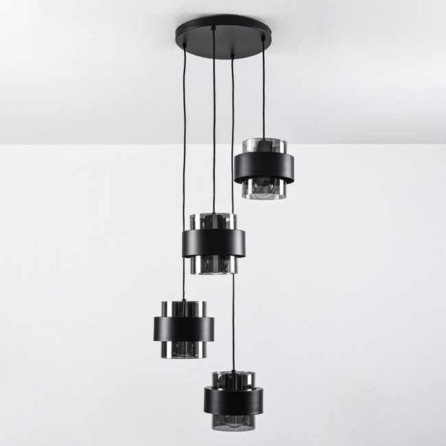 Fynna 4-light pendant light - black with smoked glass