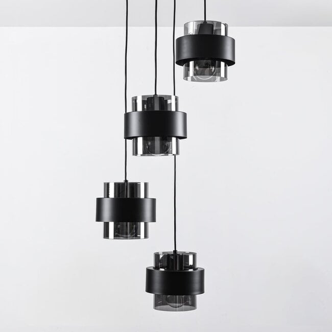 Modern pendant lamp in black with smoked glass, 4-light - Fynna