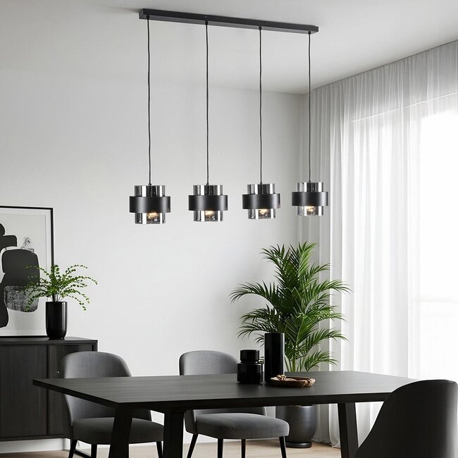 Faey pendant lamp in Black with smoked glass, 4-light