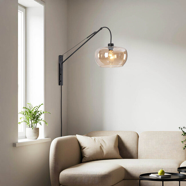 Dasha black wall light with swivel, extendable arm and amber glass