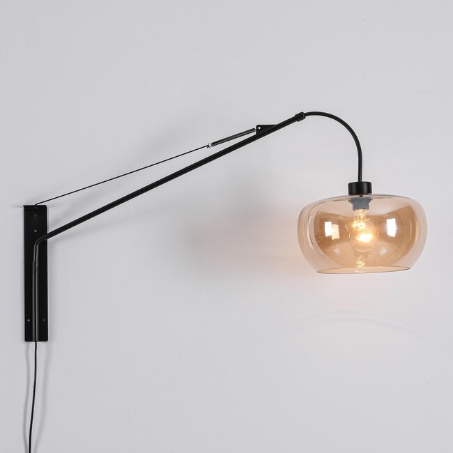 Dasha black wall light with swivel, extendable arm and amber glass