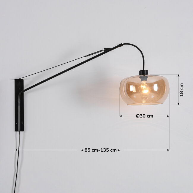 Wall light Dasha black with swivelling, extendable arm and Amber glass