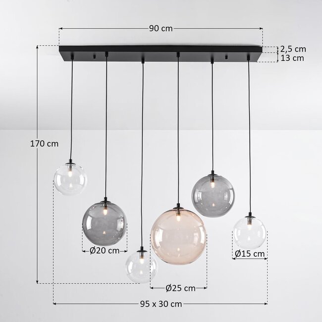 6-light pendant light Lumora - smoked, amber and clear glass