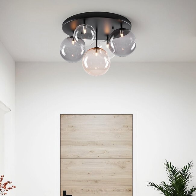 Lumose 5-light ceiling lamp with various glass spheres