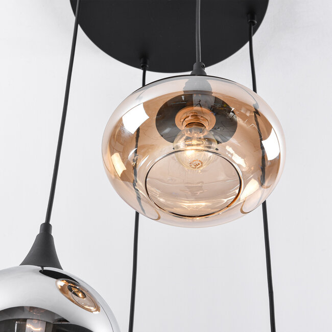 4-light pendant lamp in Black with Amber and smoked glass - Loïs
