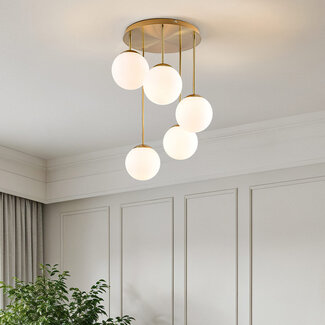Round ceiling lamp in Gold with Opal white glass, 5-light - Carat