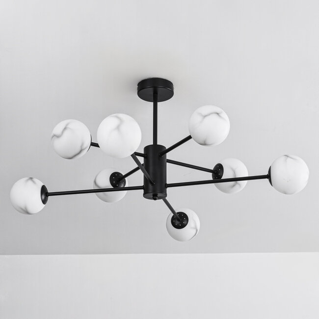 Designer ceiling lamp in Matt black with marble-look spheres, 8-light - Idaho