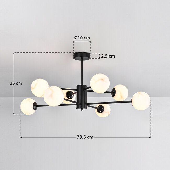 Designer ceiling lamp in Matt black with marble-look spheres, 8-light - Idaho