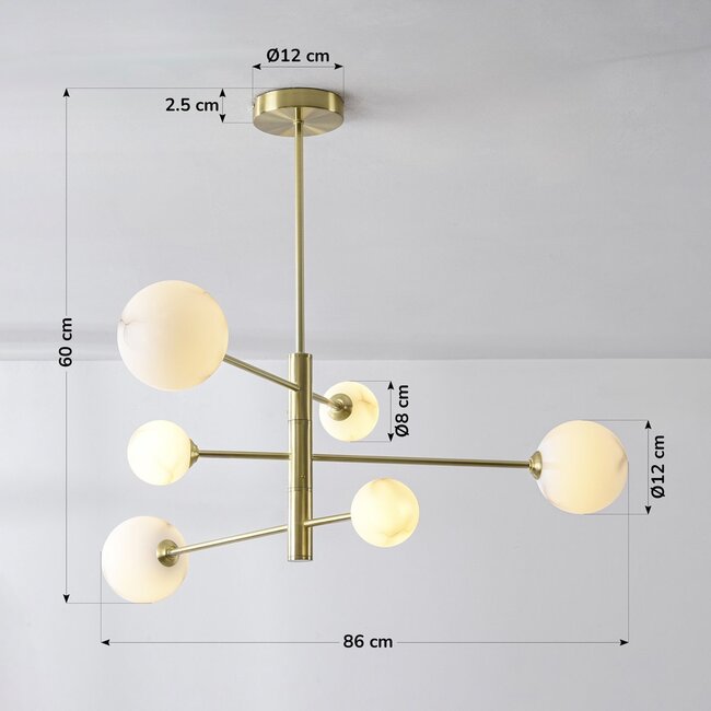 Sest ceiling lamp in Gold with marble-look bulbs, 6-light