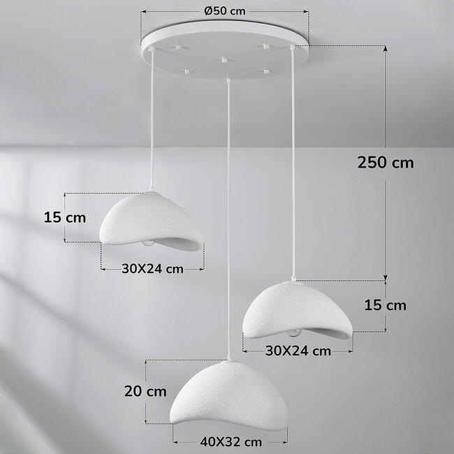 3-light Wabi-Sabi pendant lamp, White stone effect - Sora