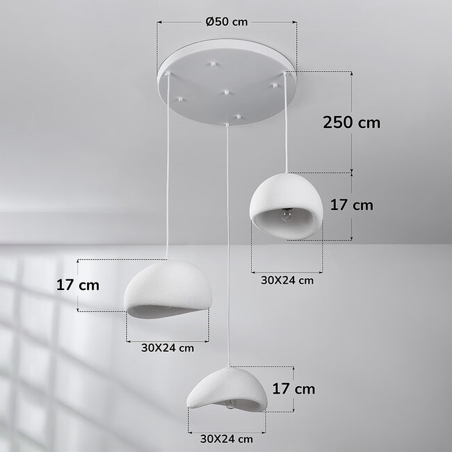 3-light Wabi-Sabi pendant lamp Ishi with White stone effect - 3 x 30 cm