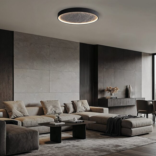 Cercul Black ceiling light with 3-step dimmable LEDs and grey stone effect, Ø60 cm, 29W